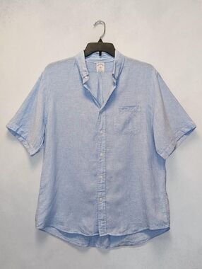 Brooks Brothers Linen Shirt XL Light Blue Button Front Short Sleeve Textured